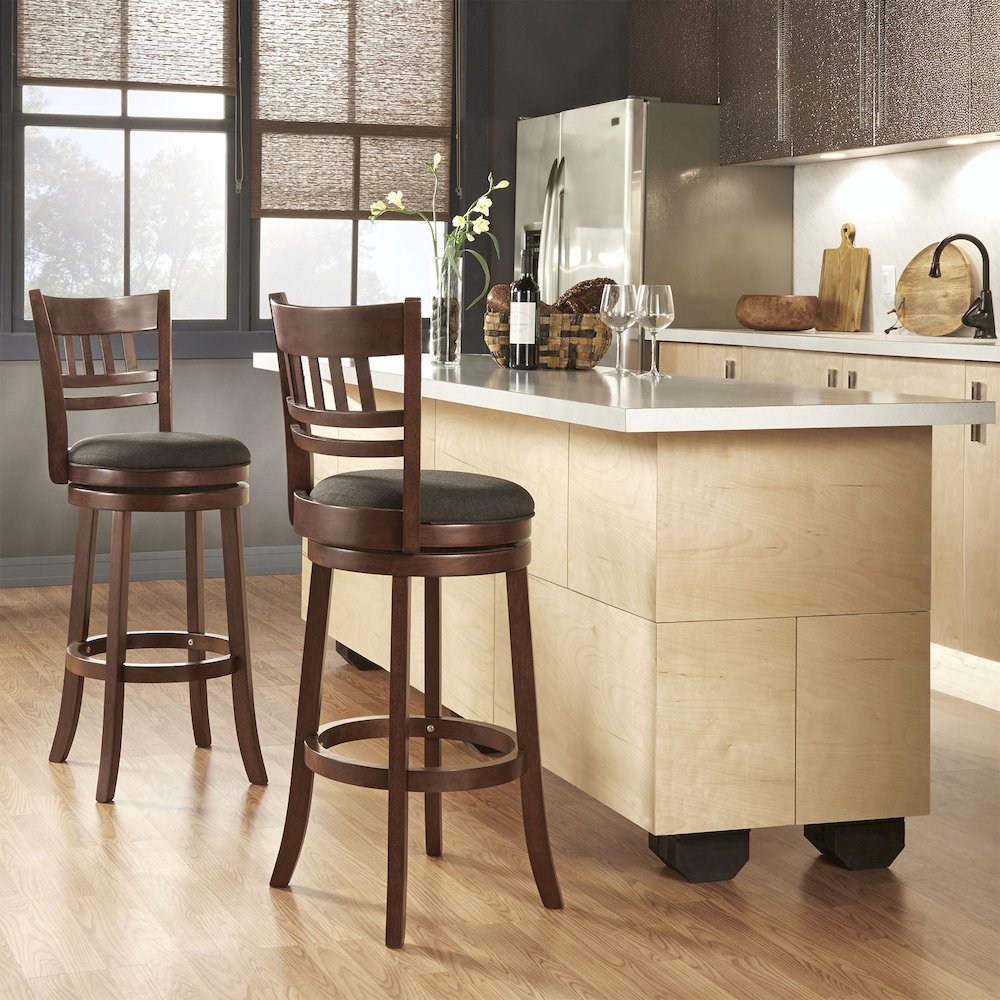 Dark Cherry Finish Dark Grey Linen Swivel Bar Height Chair (Vertical Design)