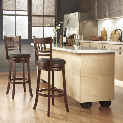 Dark Cherry Finish Dark Grey Linen Swivel Bar Height Chair (Vertical Design)