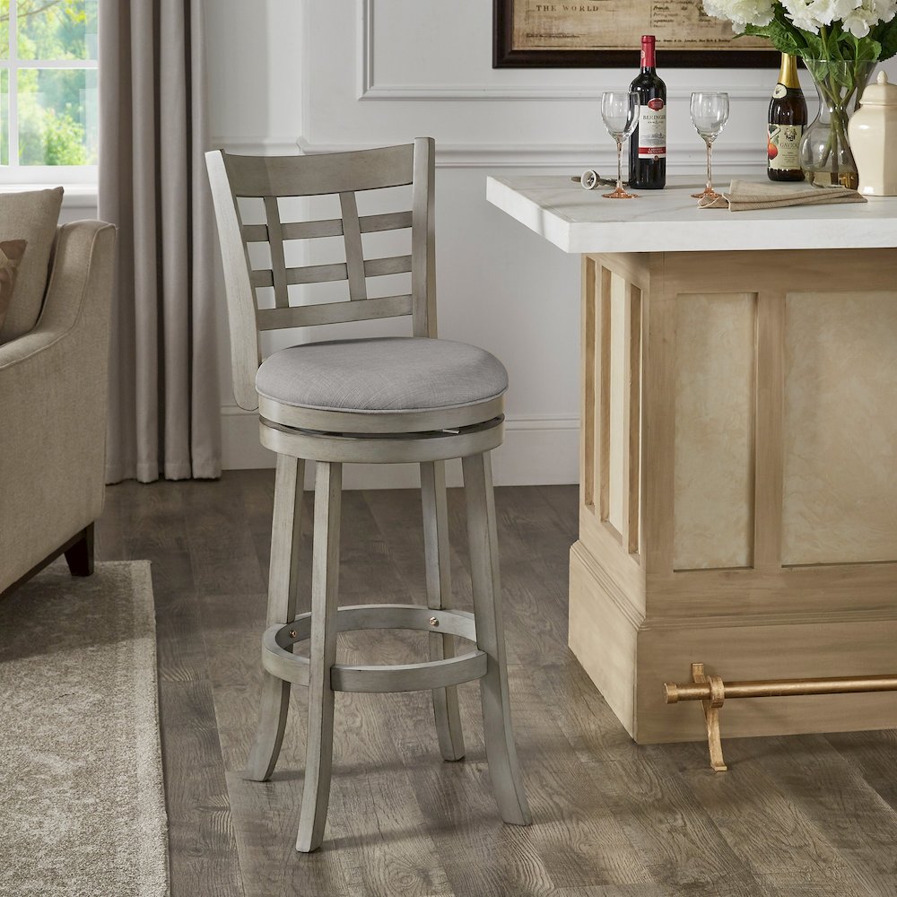 Antique Grey Finish Grey Linen Swivel Bar Height Chair (Window Back Design)