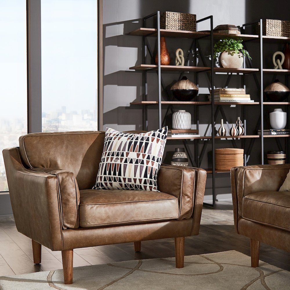 Dark Oak Finish Oxford Tan Leather Accent Chair