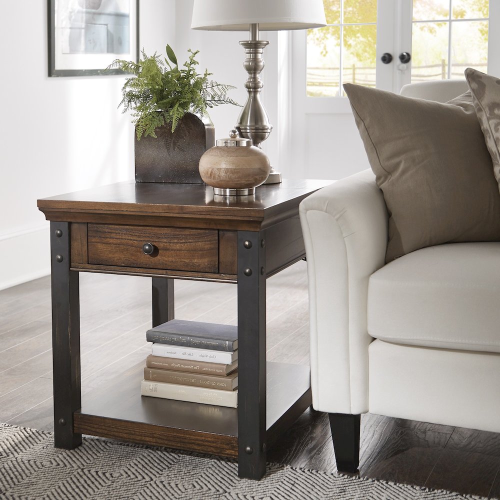 Dark Cherry Finish End Table With Power Outlet