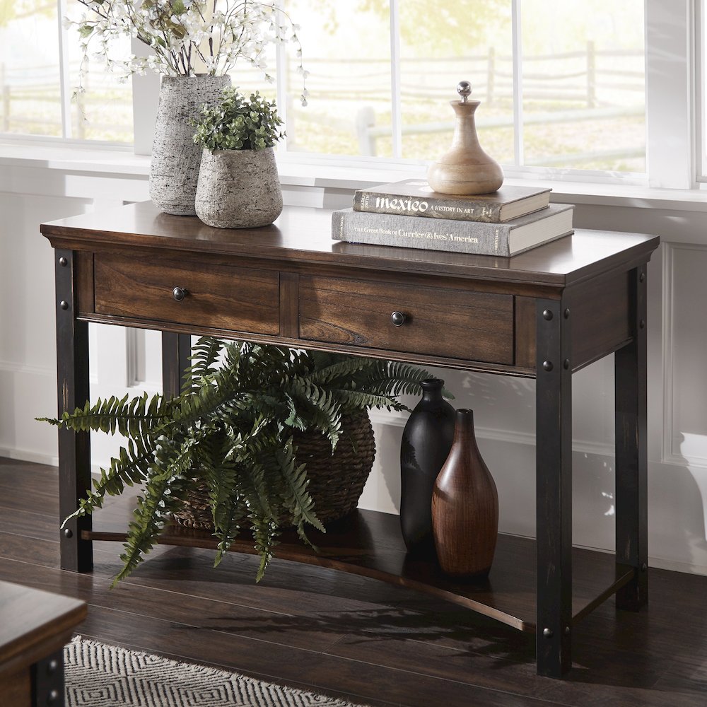 Dark Cherry Finish 2-Drawer Sofa Table