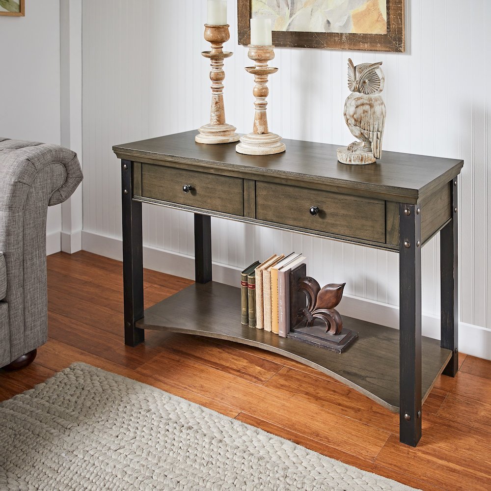 Antique Grey Finish 2-Drawer Sofa Table
