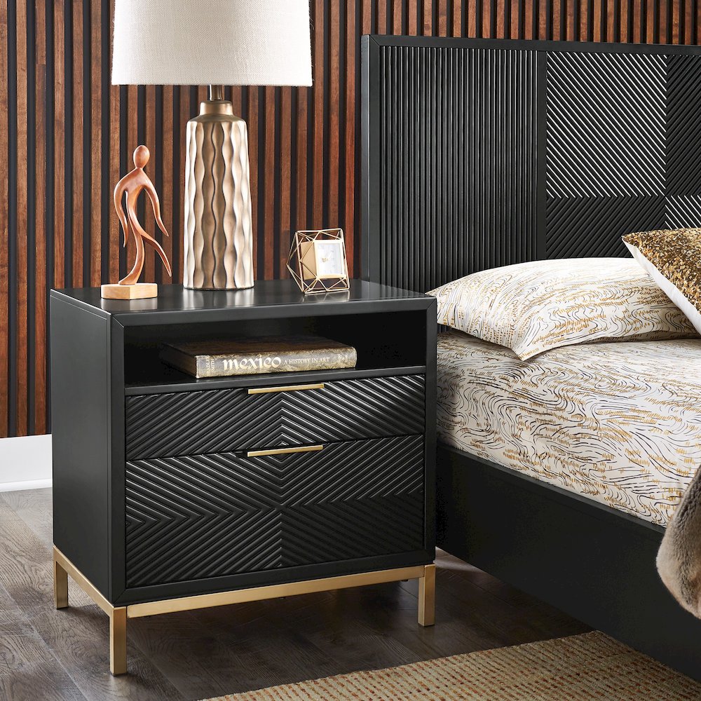 Black Finish Nightstand With Power Strip