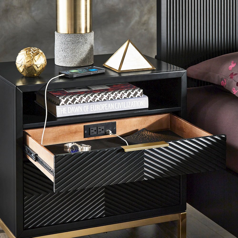 Black Finish Nightstand With Power Strip