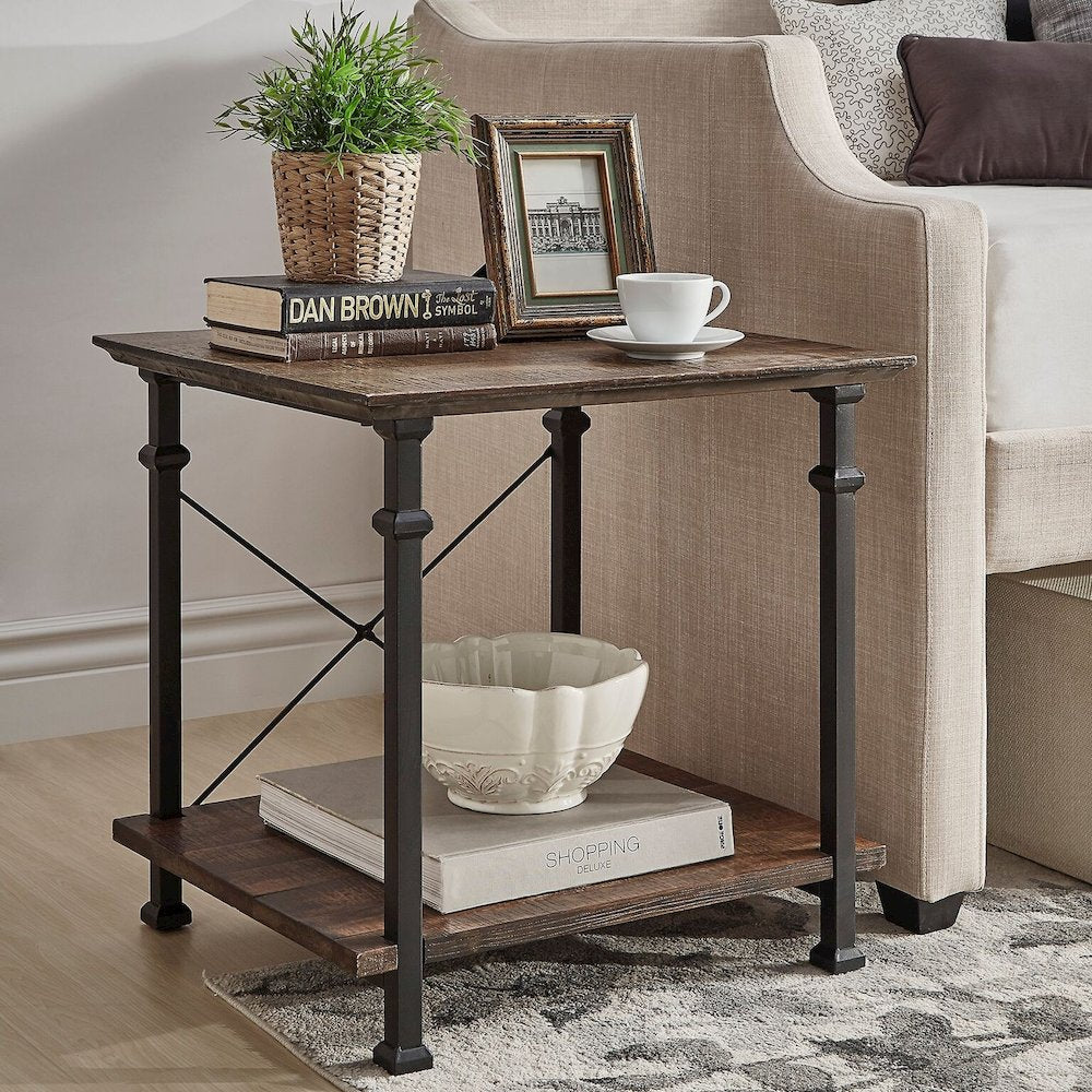Brown Finish Metal Supports X-Frame End Table