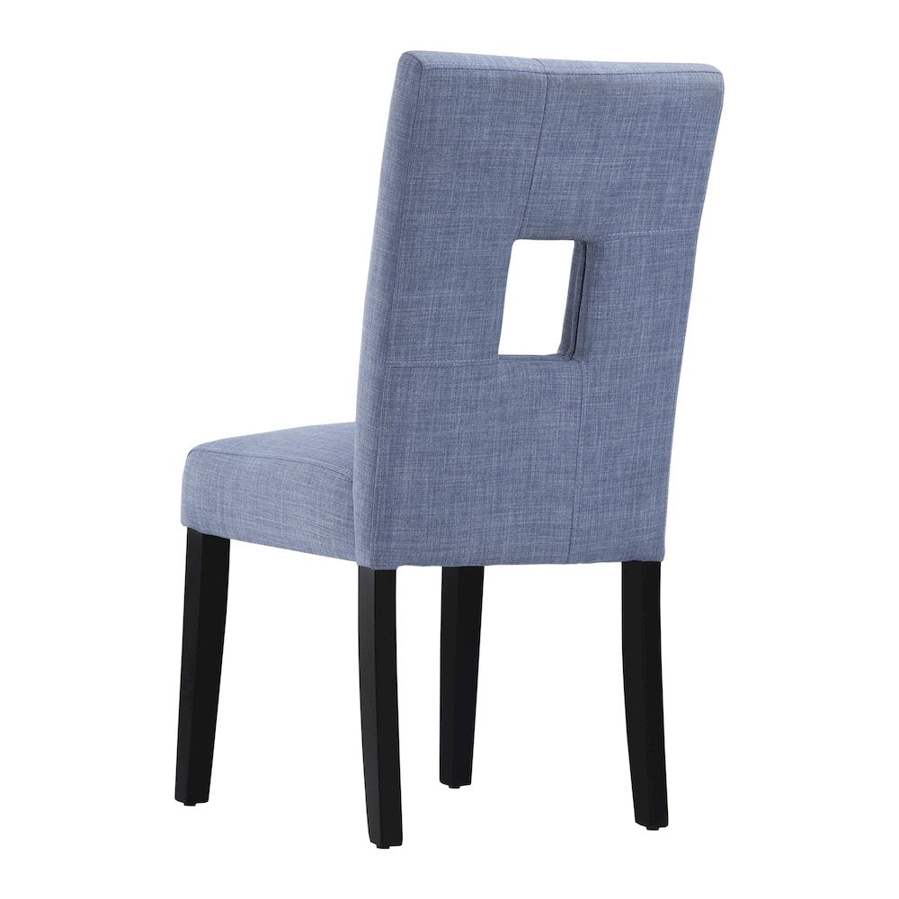 Set of 2, Black Finish Blue Linen Keyhole Side Chair