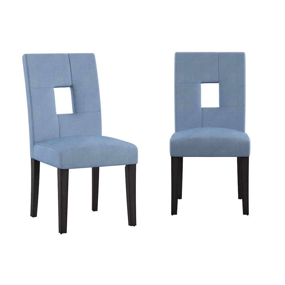 Set of 2, Black Finish Blue Linen Keyhole Side Chair
