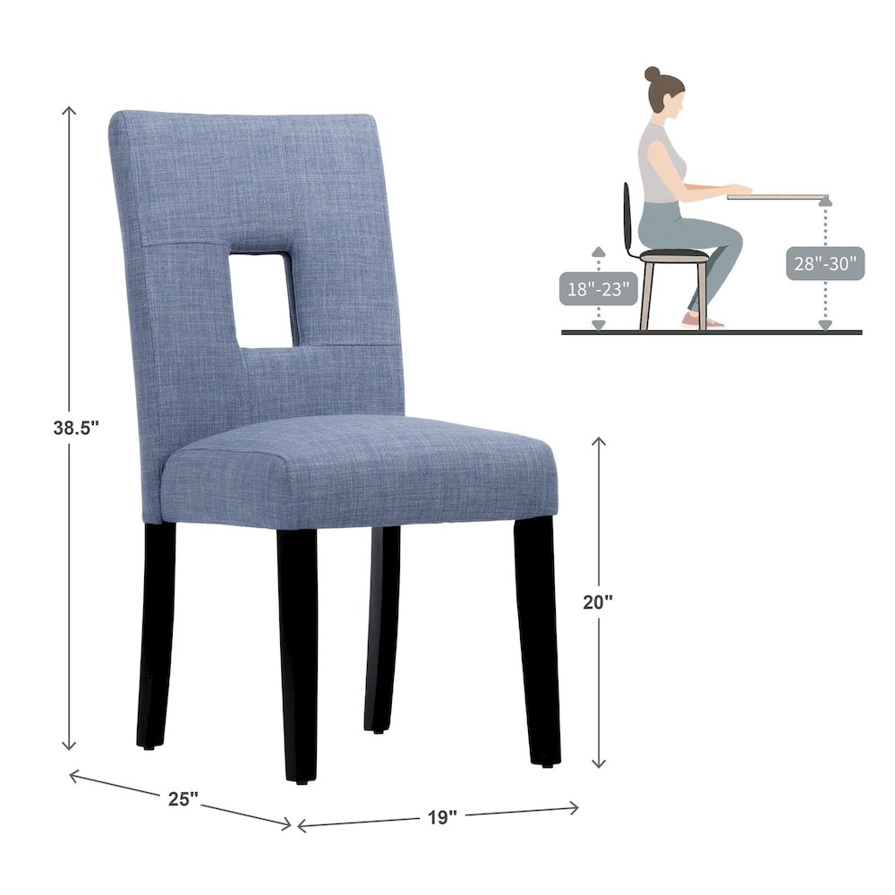 Set of 2, Black Finish Blue Linen Keyhole Side Chair