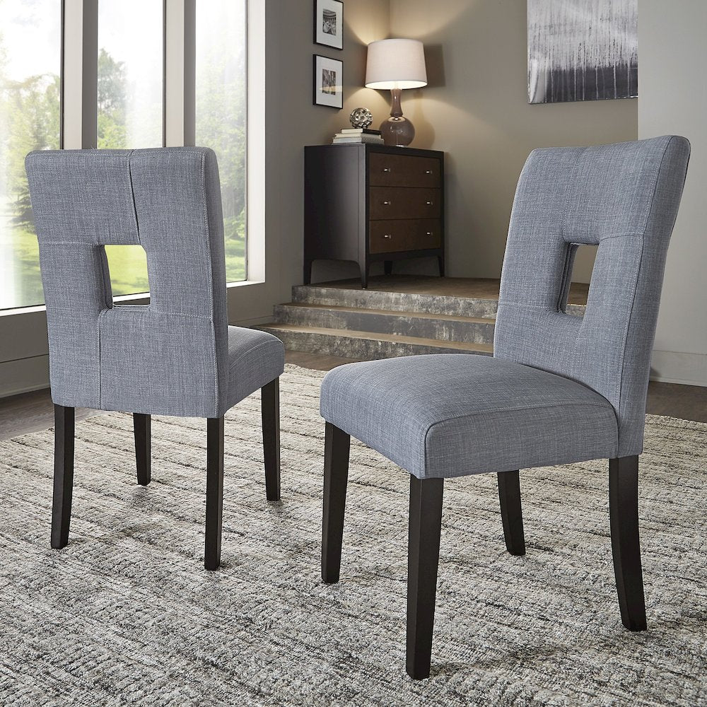 Set of 2, Black Finish Blue Linen Keyhole Side Chair