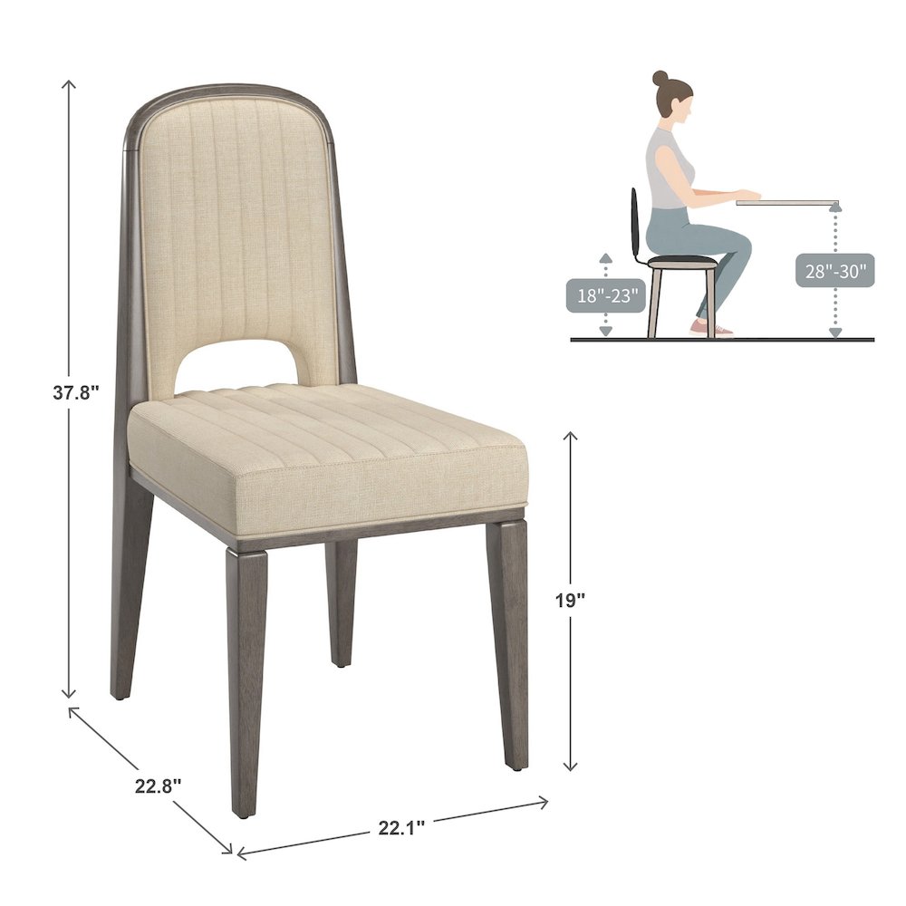 Set of 2, Grey Finish Cream Fabric Channel Stitching Dining Chair
