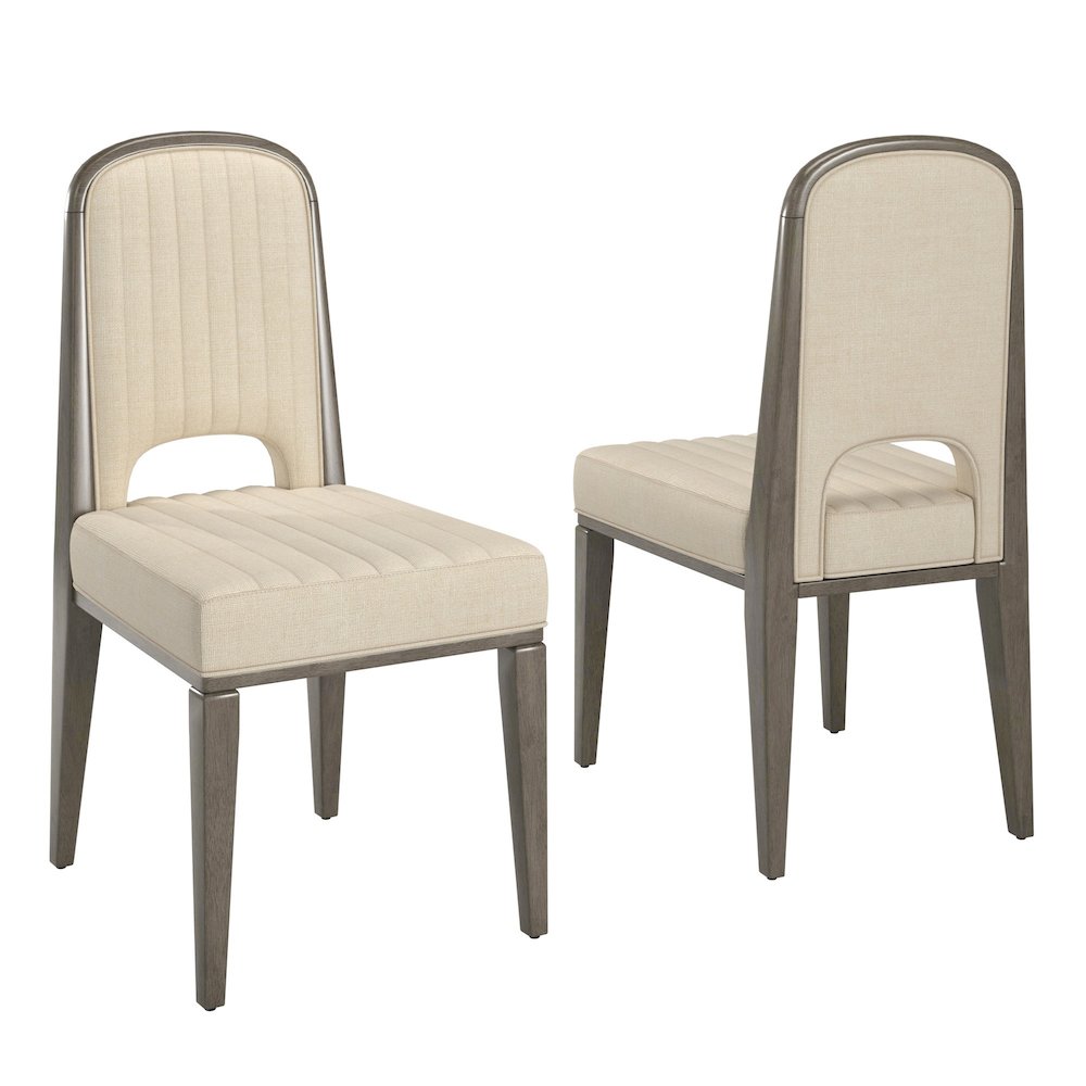 Set of 2, Grey Finish Cream Fabric Channel Stitching Dining Chair