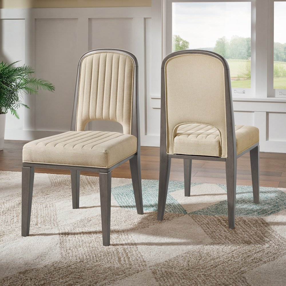 Set of 2, Grey Finish Cream Fabric Channel Stitching Dining Chair