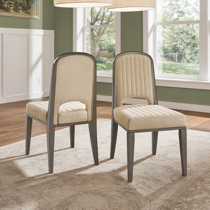 Set of 2, Grey Finish Cream Fabric Channel Stitching Dining Chair
