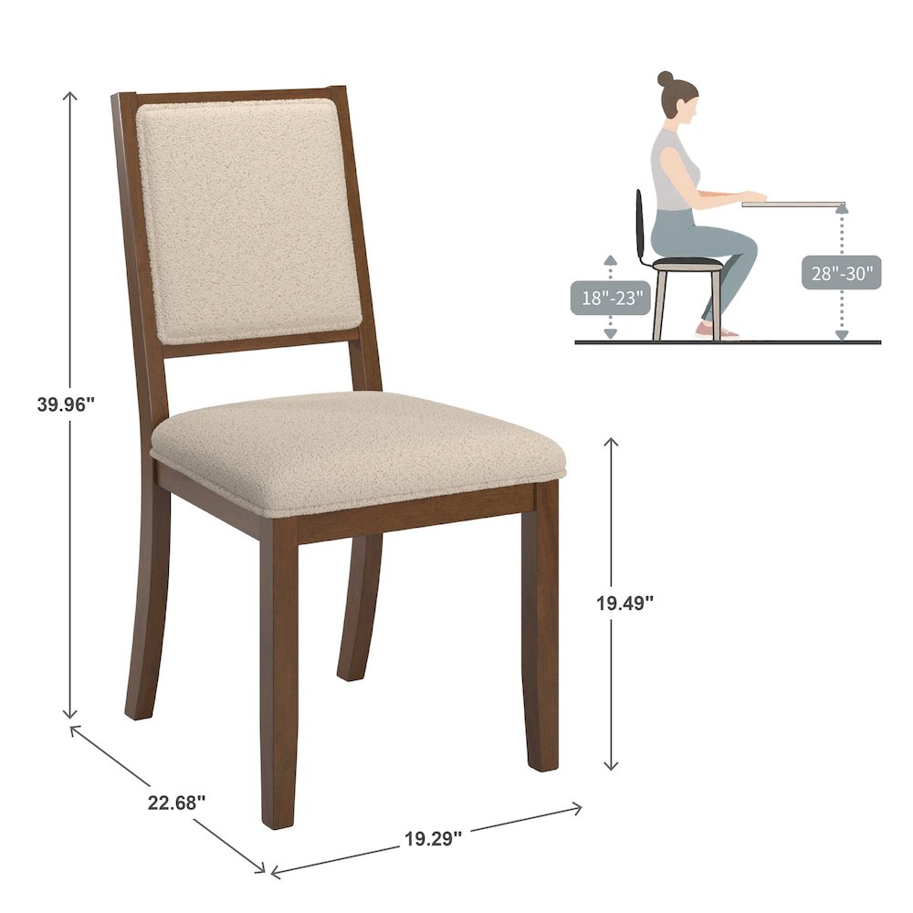 Set of 2, Walnut Finish Cream Boucle Dining Chair