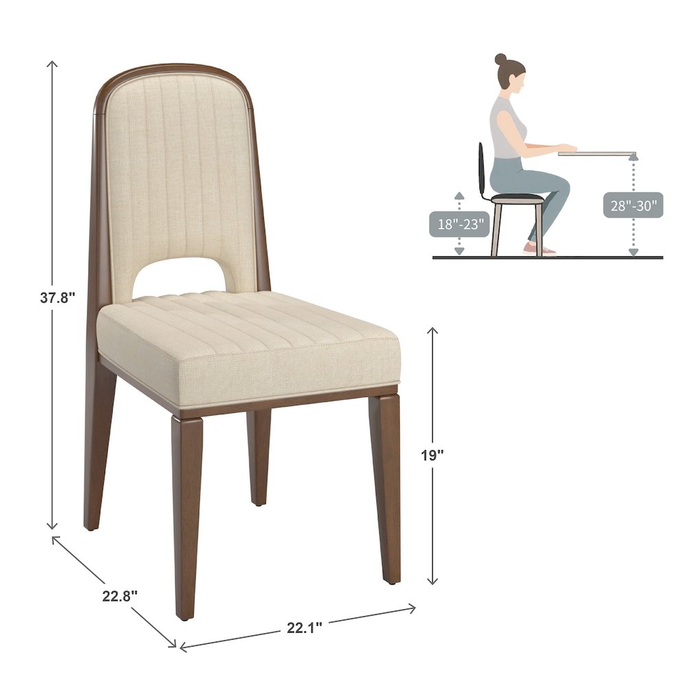 Set of 2, Walnut Finish Cream Fabric Channel Stitching Dining Chair