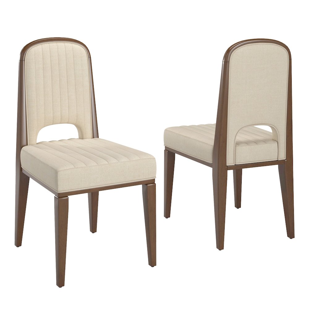 Set of 2, Walnut Finish Cream Fabric Channel Stitching Dining Chair