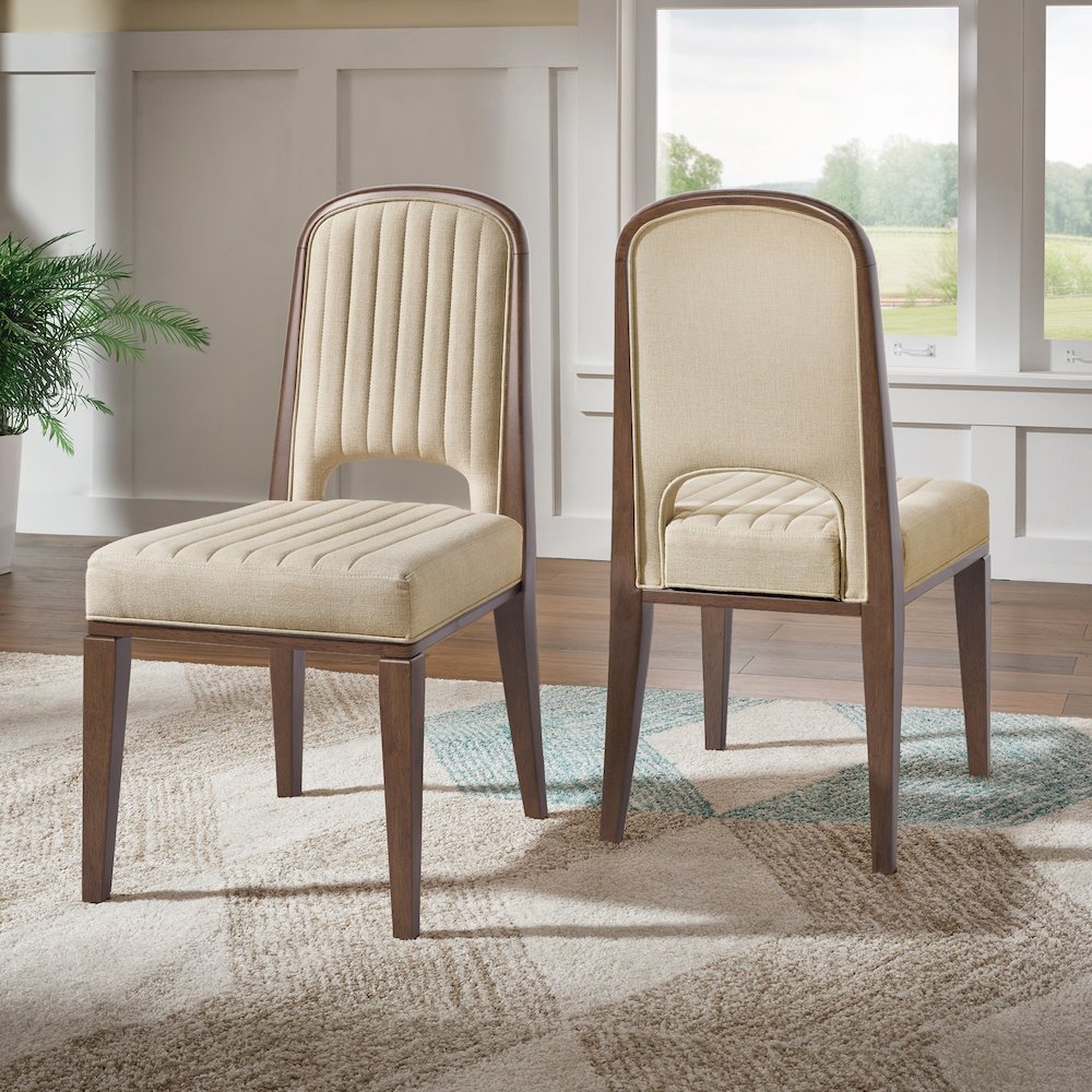 Set of 2, Walnut Finish Cream Fabric Channel Stitching Dining Chair