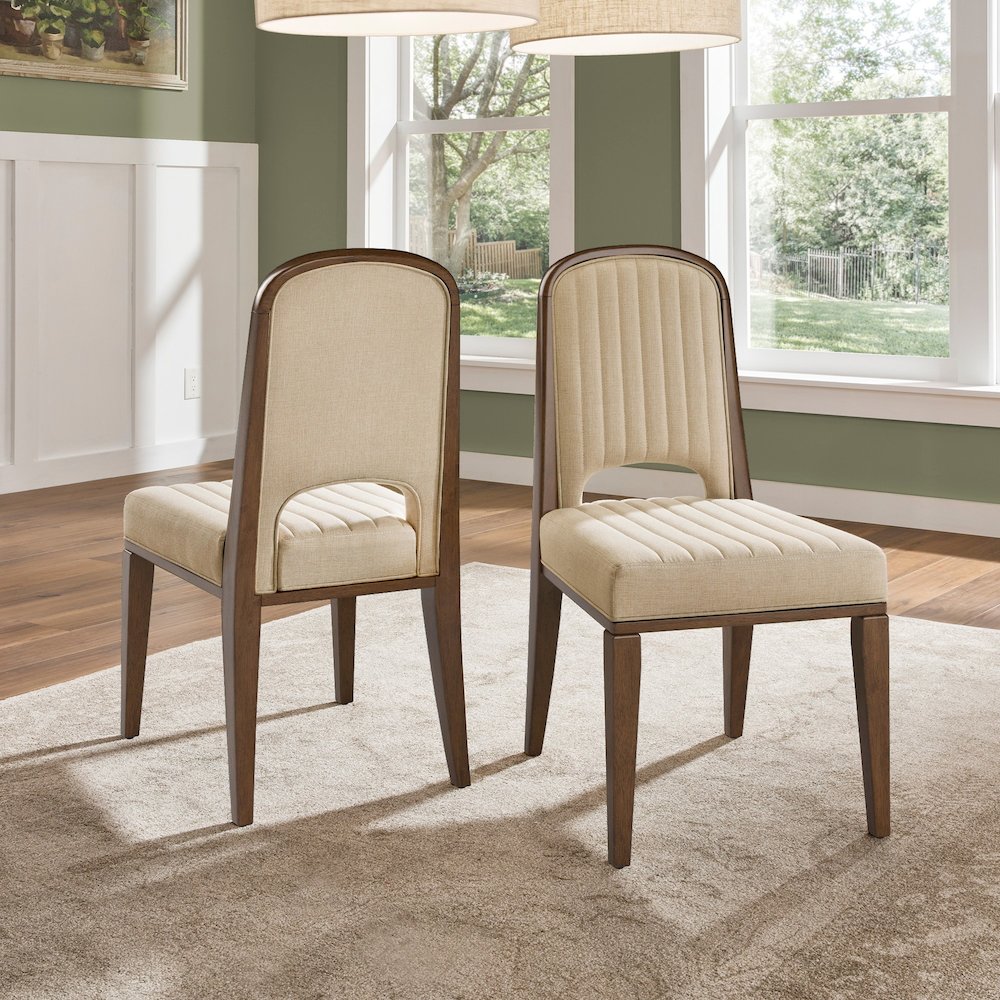 Set of 2, Walnut Finish Cream Fabric Channel Stitching Dining Chair
