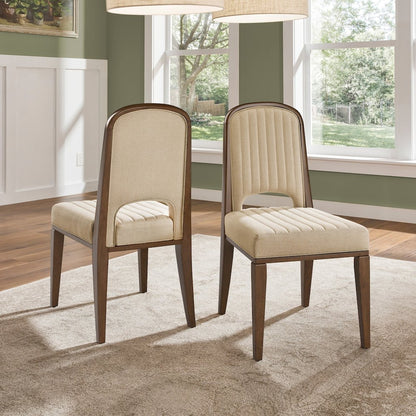 Set of 2, Walnut Finish Cream Fabric Channel Stitching Dining Chair