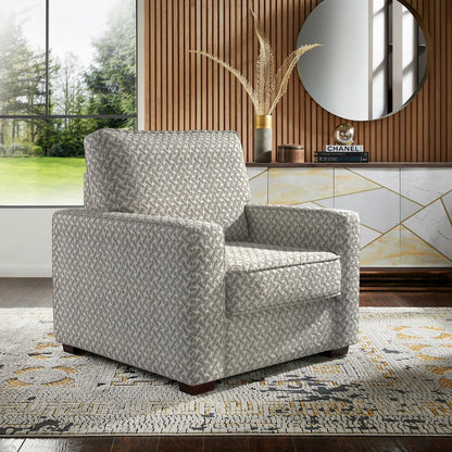 Espresso Finish White & Grey Herringbone Pattern Fabric Chair