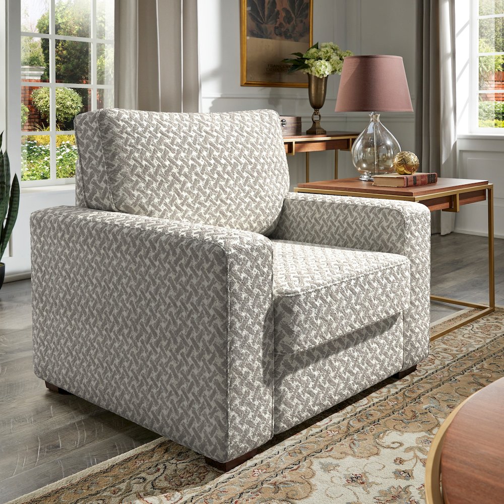 Espresso Finish White & Grey Herringbone Pattern Fabric Chair