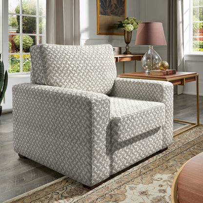 Espresso Finish White & Grey Herringbone Pattern Fabric Chair