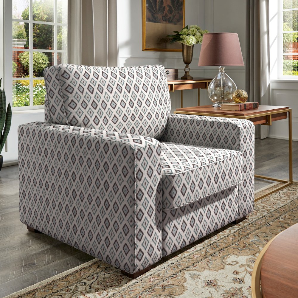Espresso Finish Brown & Blue Diamond Pattern Fabric Chair