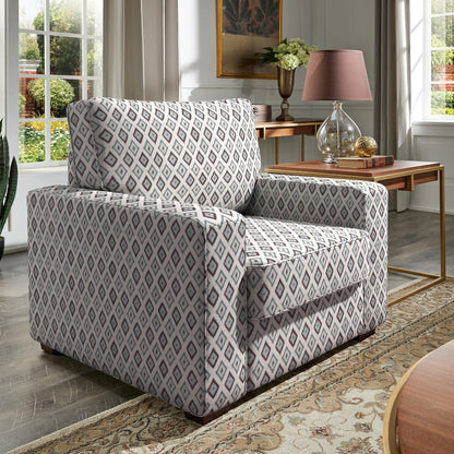Espresso Finish Brown & Blue Diamond Pattern Fabric Chair