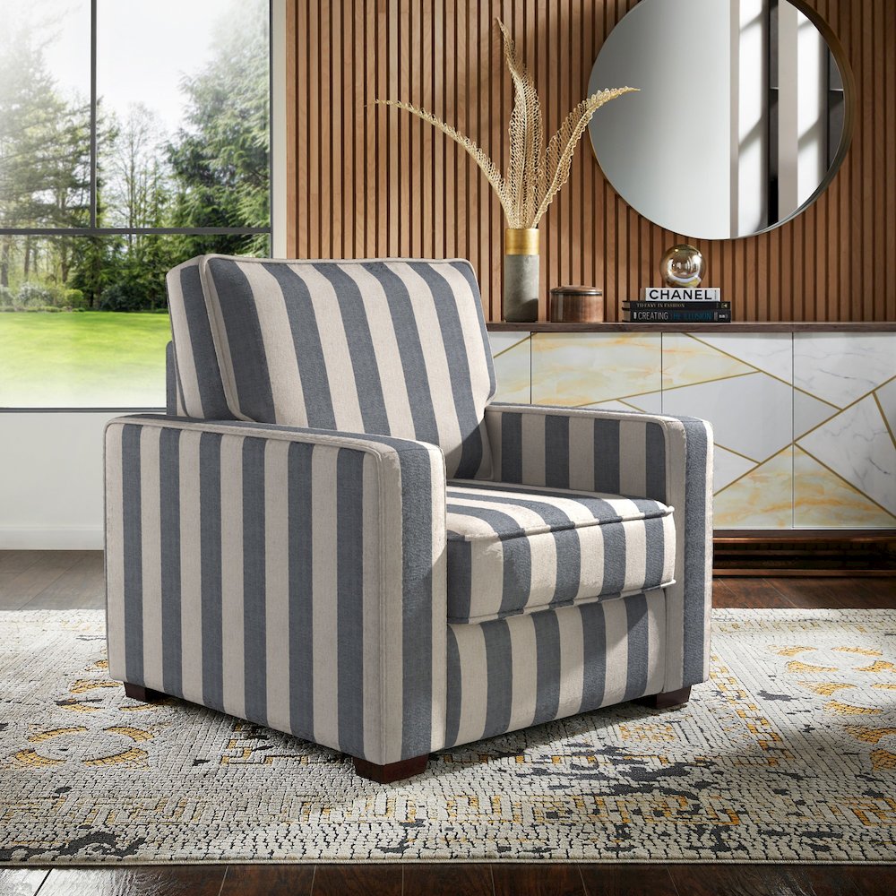 Espresso Finish Blue & White Strip Pattern Fabric Chair