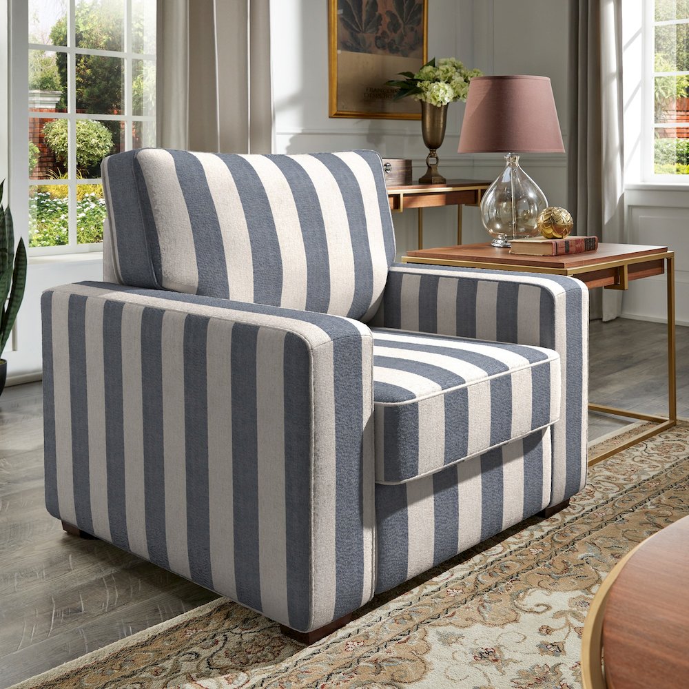 Espresso Finish Blue & White Strip Pattern Fabric Chair