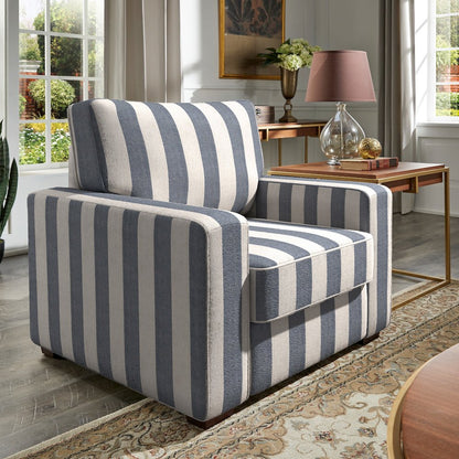 Espresso Finish Blue & White Strip Pattern Fabric Chair