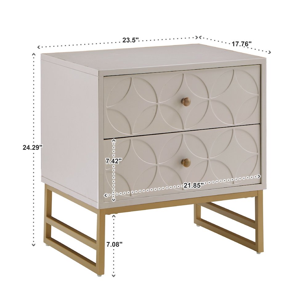 White Finish Arched Diamond Pattern Nightstand With Gold Metal Base