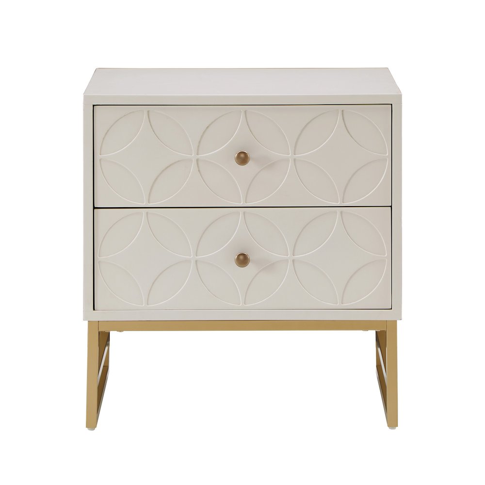 White Finish Arched Diamond Pattern Nightstand With Gold Metal Base