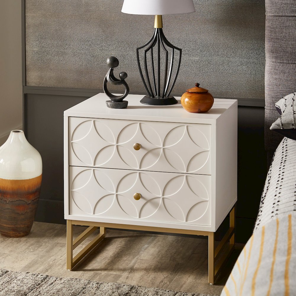 White Finish Arched Diamond Pattern Nightstand With Gold Metal Base