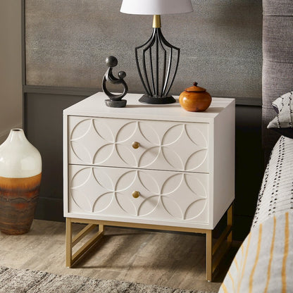 White Finish Arched Diamond Pattern Nightstand With Gold Metal Base