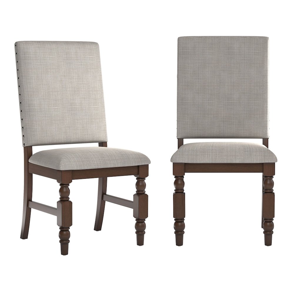 Set of 2, Burnished Dark Oak Finish Grey Linen Side Chair