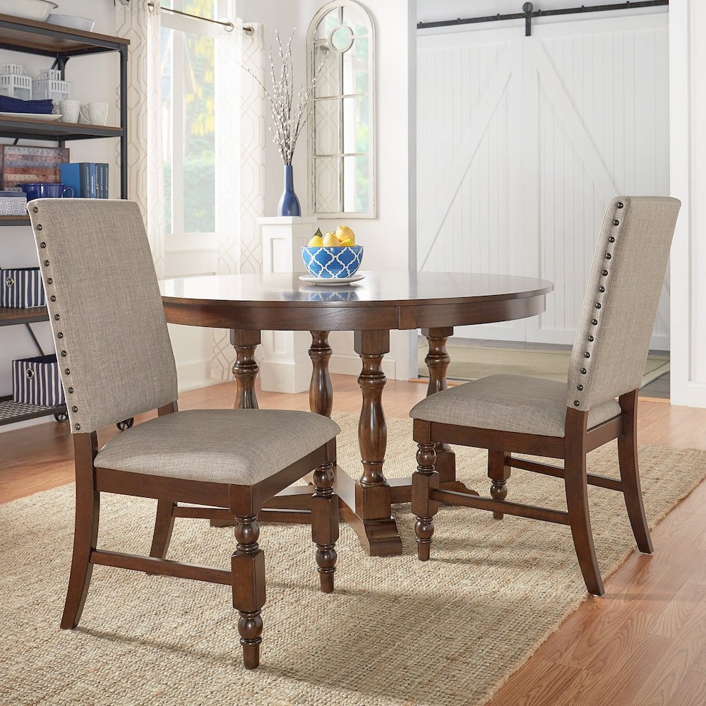 Set of 2, Burnished Dark Oak Finish Grey Linen Side Chair