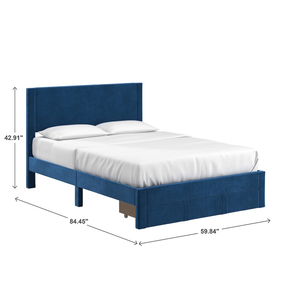 Blue Pleated Velvet Storage Queen Bed