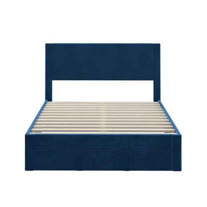 Blue Pleated Velvet Storage Queen Bed