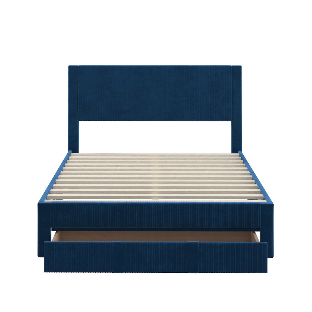 Blue Pleated Velvet Storage Queen Bed