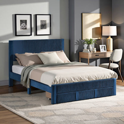 Blue Pleated Velvet Storage Queen Bed