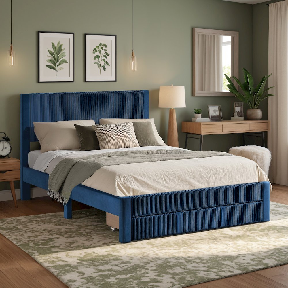Blue Pleated Velvet Storage Queen Bed