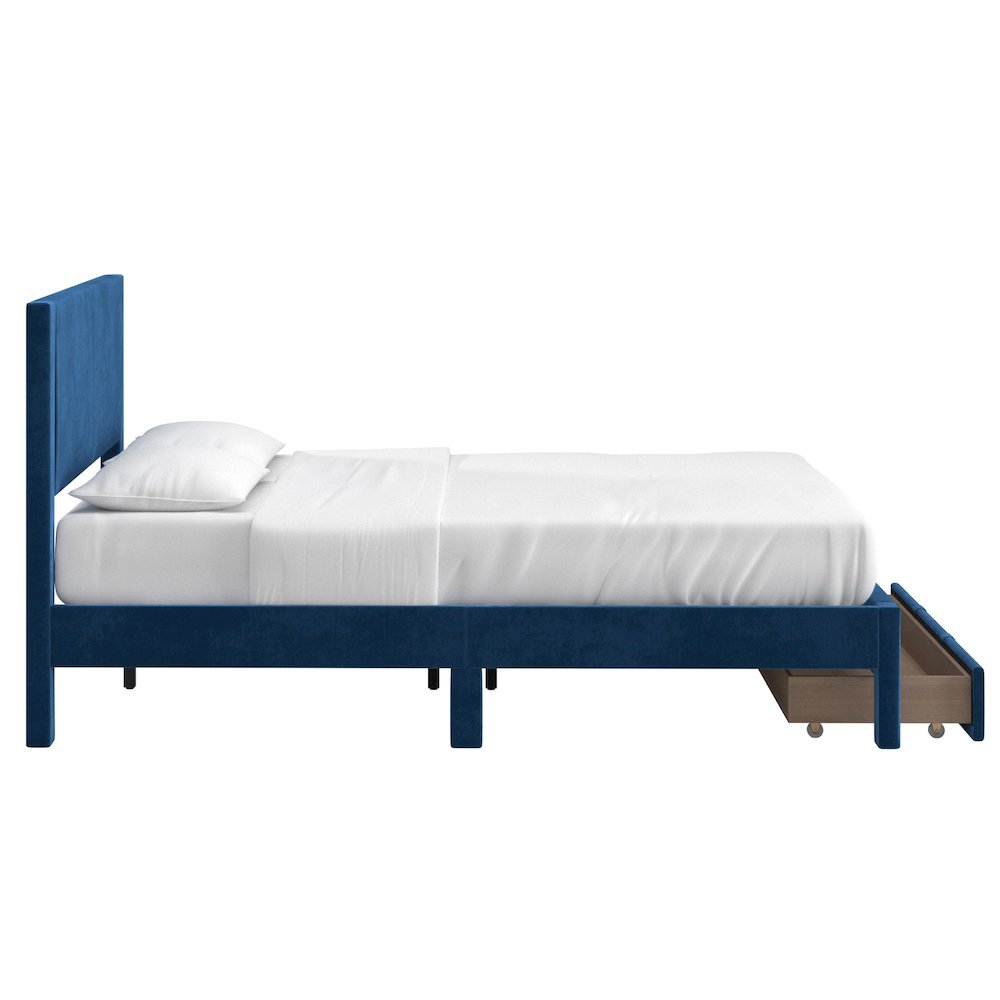 Blue Pleated Velvet Storage Queen Bed