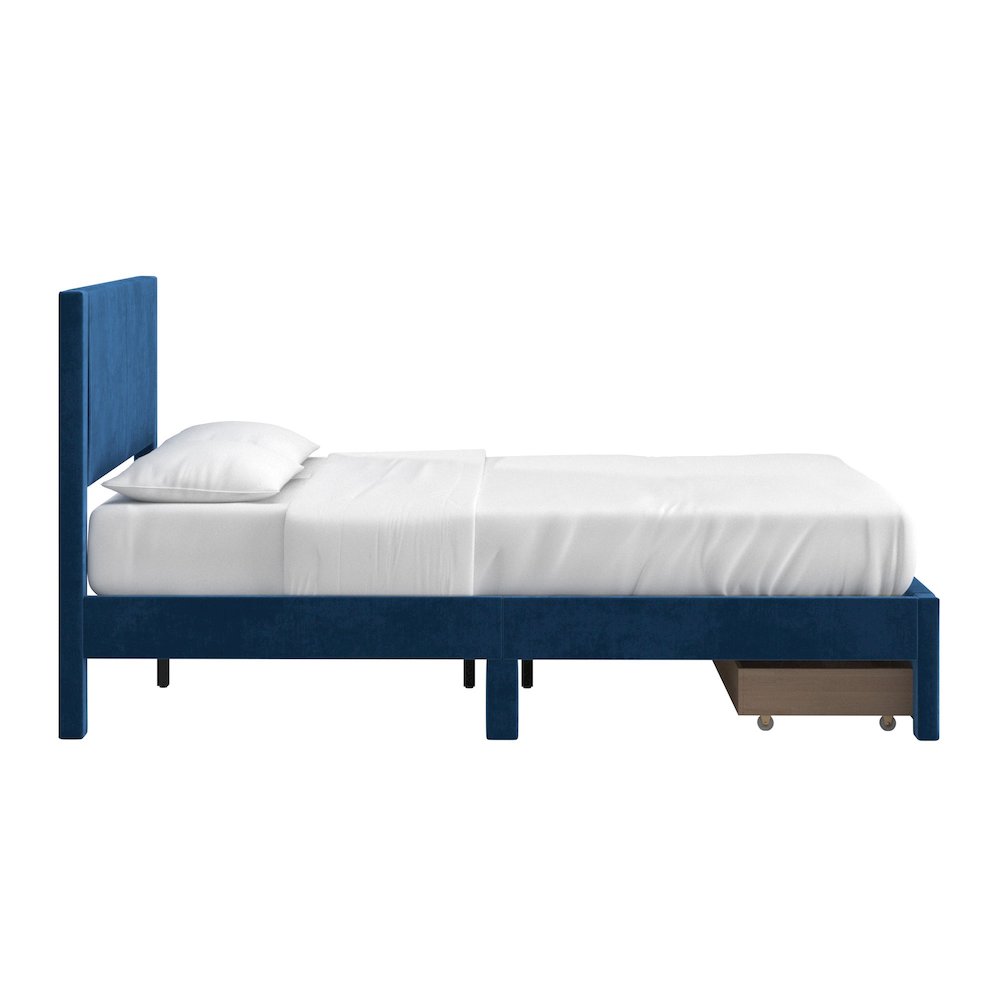 Blue Pleated Velvet Storage Queen Bed