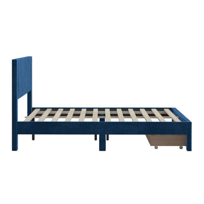 Blue Pleated Velvet Storage Queen Bed
