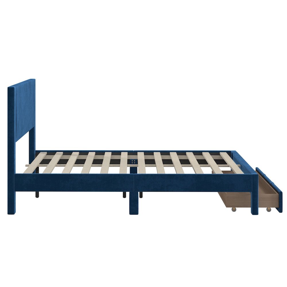 Blue Pleated Velvet Storage Queen Bed