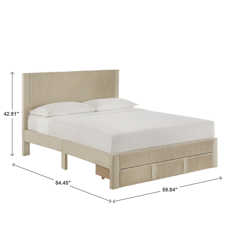 Beige Pleated Velvet Storage Queen Bed