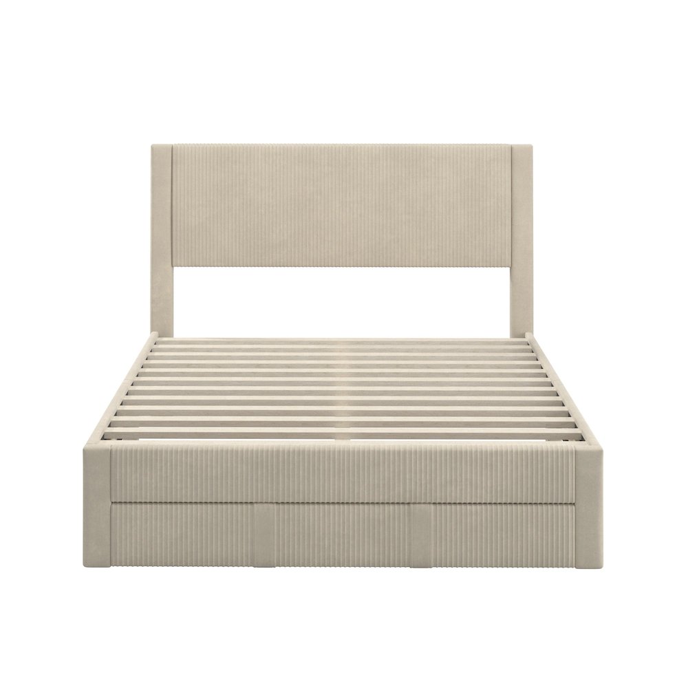 Beige Pleated Velvet Storage Queen Bed