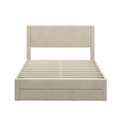 Beige Pleated Velvet Storage Queen Bed